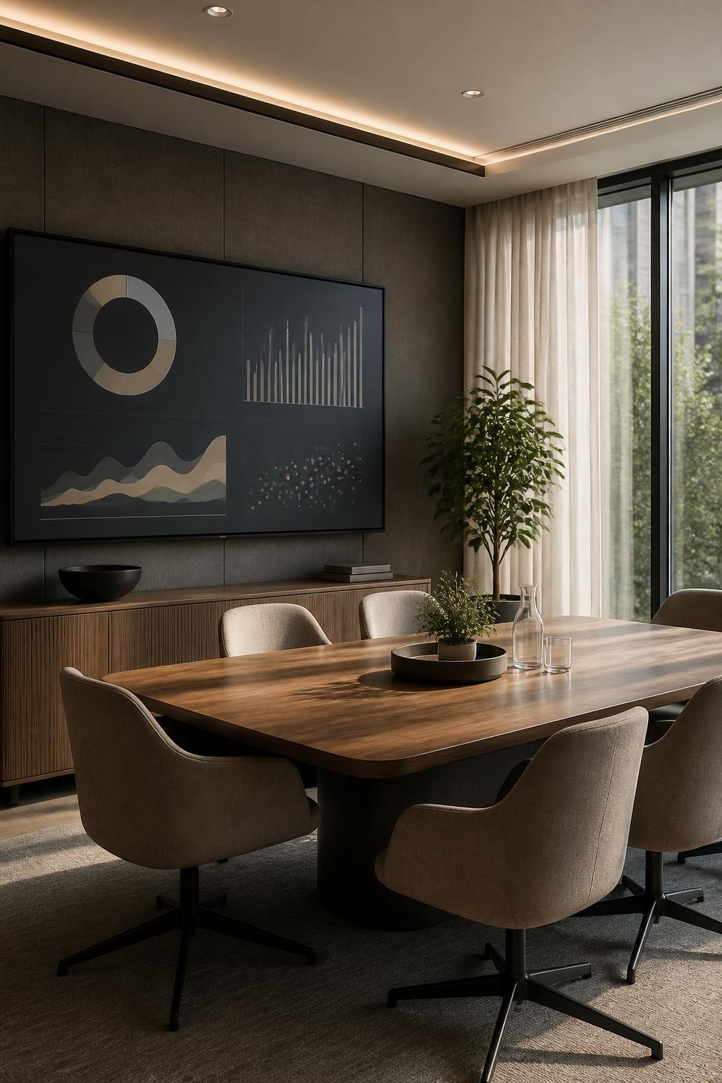Modern collaboration room with campaign charts and a polished meeting table